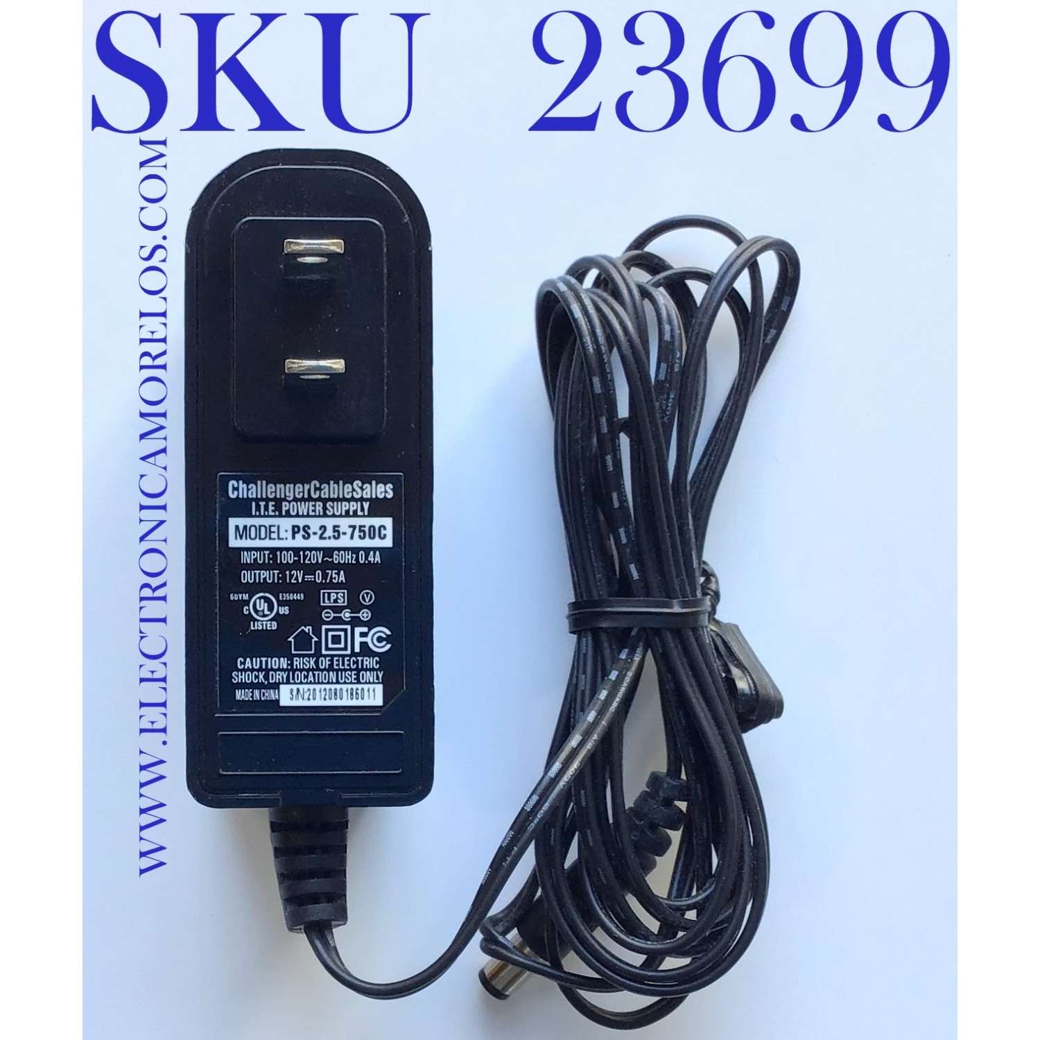 ADAPTADOR CHALLENGER / PS-2.5-750C / ENTRADA VCA  100-120V /  SALIDA VCD 12V  - 0.75A / 50-60Hz / MODELO PS-2.5-750C	